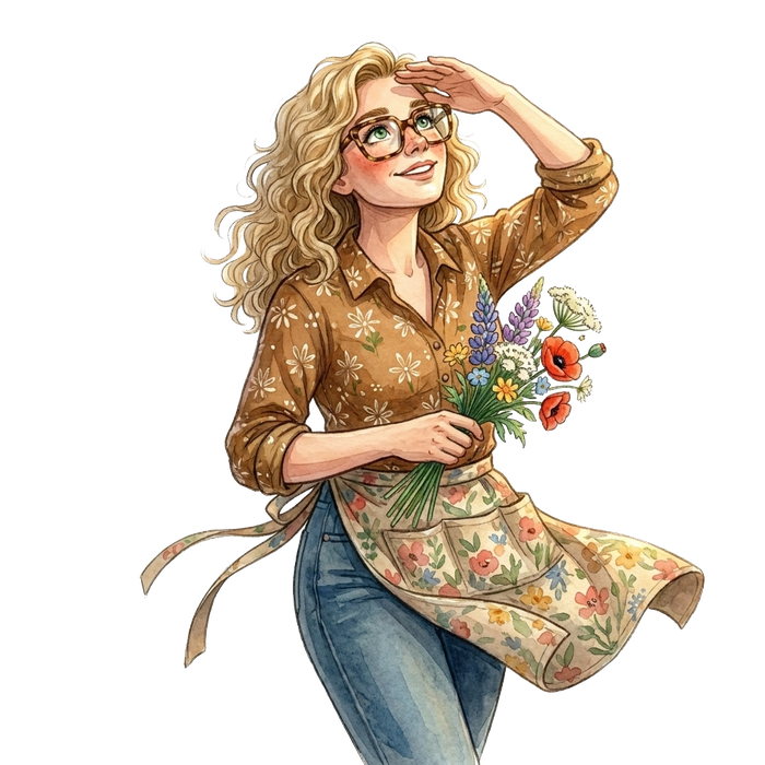Illustration of Amie Briggs holding a bouquet of wildflowers